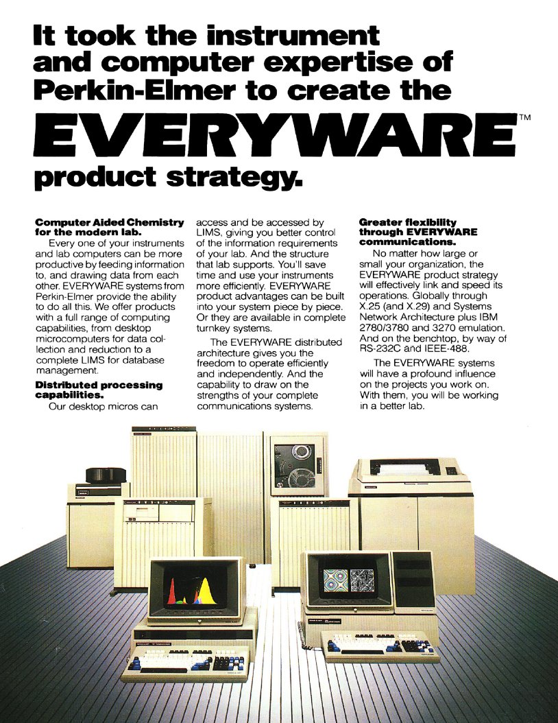 Perkin-Elmer &quot;Everyware&quot; advertorial. The &quot;microcomputers&quot; seem to be of the 7x00 series.