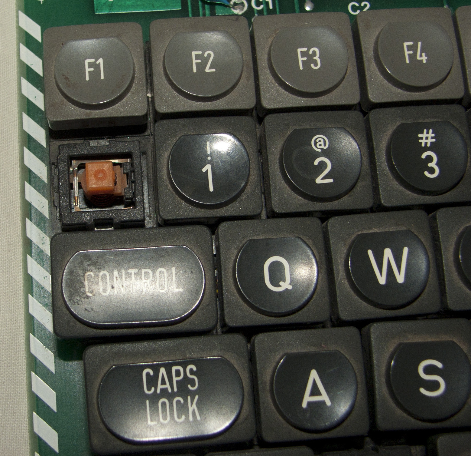 Closeup of the keys and switches.  The keycaps are doubleshots.