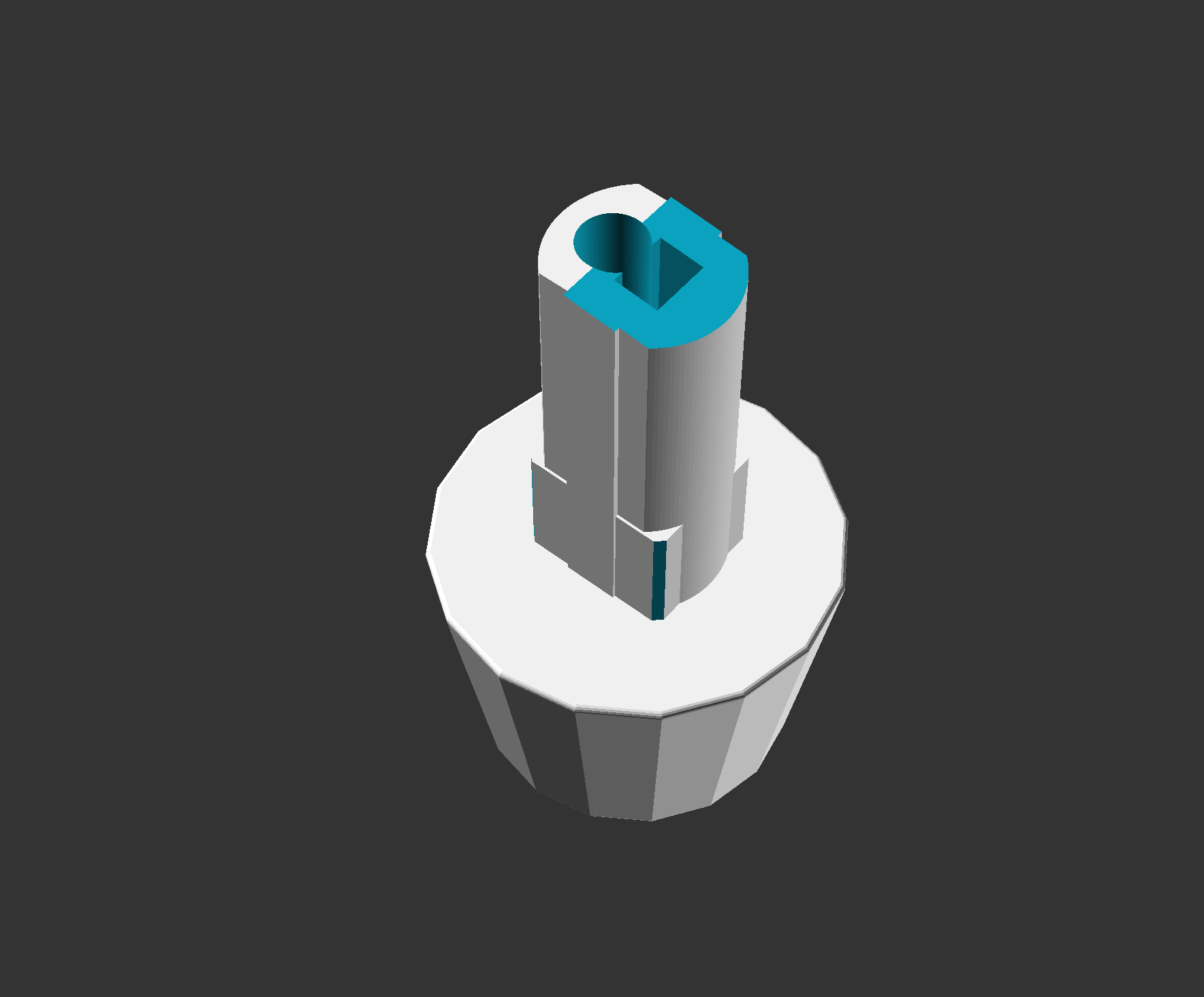 The bottom is angled to match the pitch of the flipper paddle in the up position (key unpressed).  The round guide is for the spring.  The square slot acts as a key to make sure the spring press remains straight from incidental bumps, and also acts as an additional guide