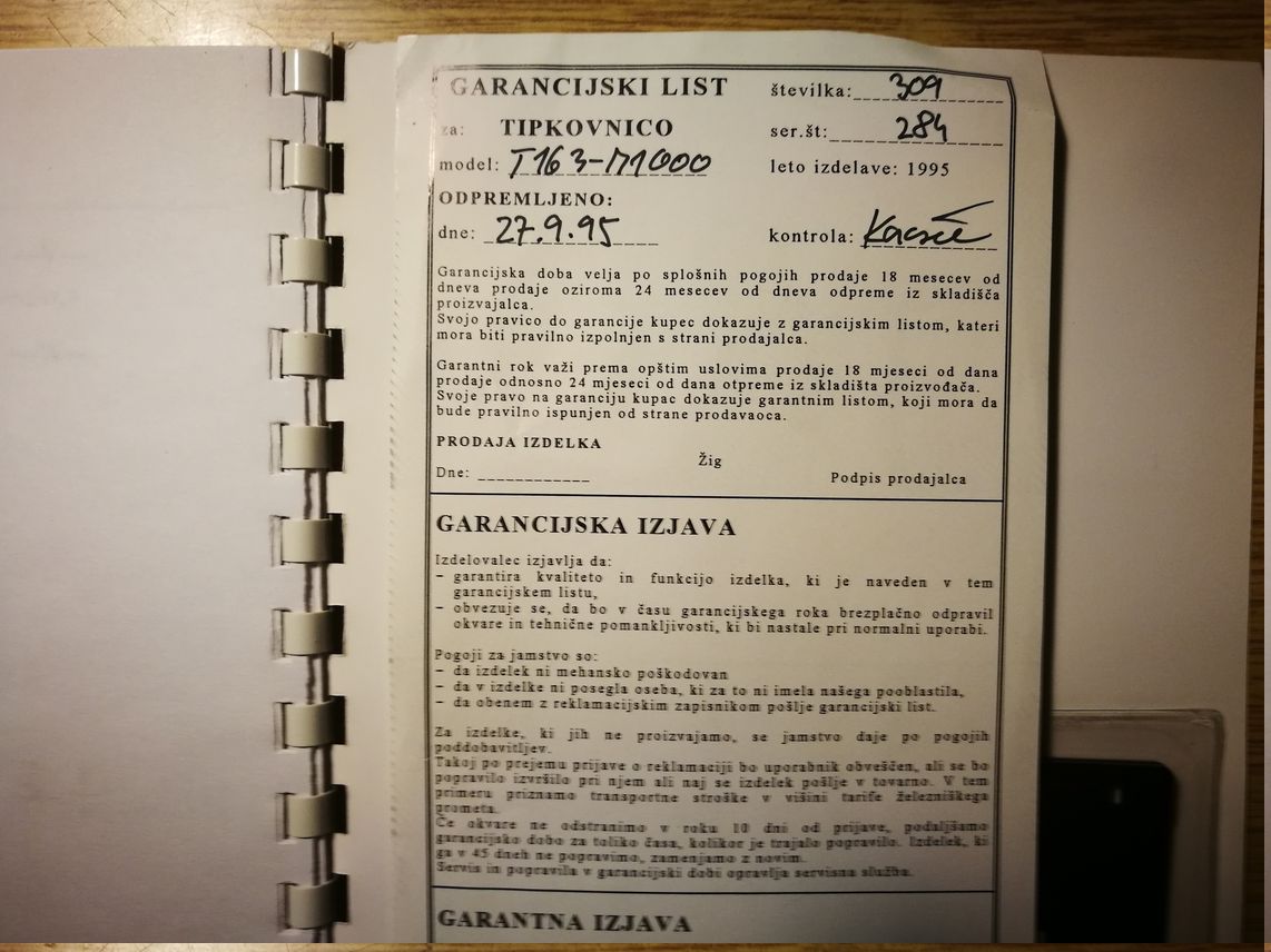 Original warranty card from 1995 (Sept. 27, 1995) :)