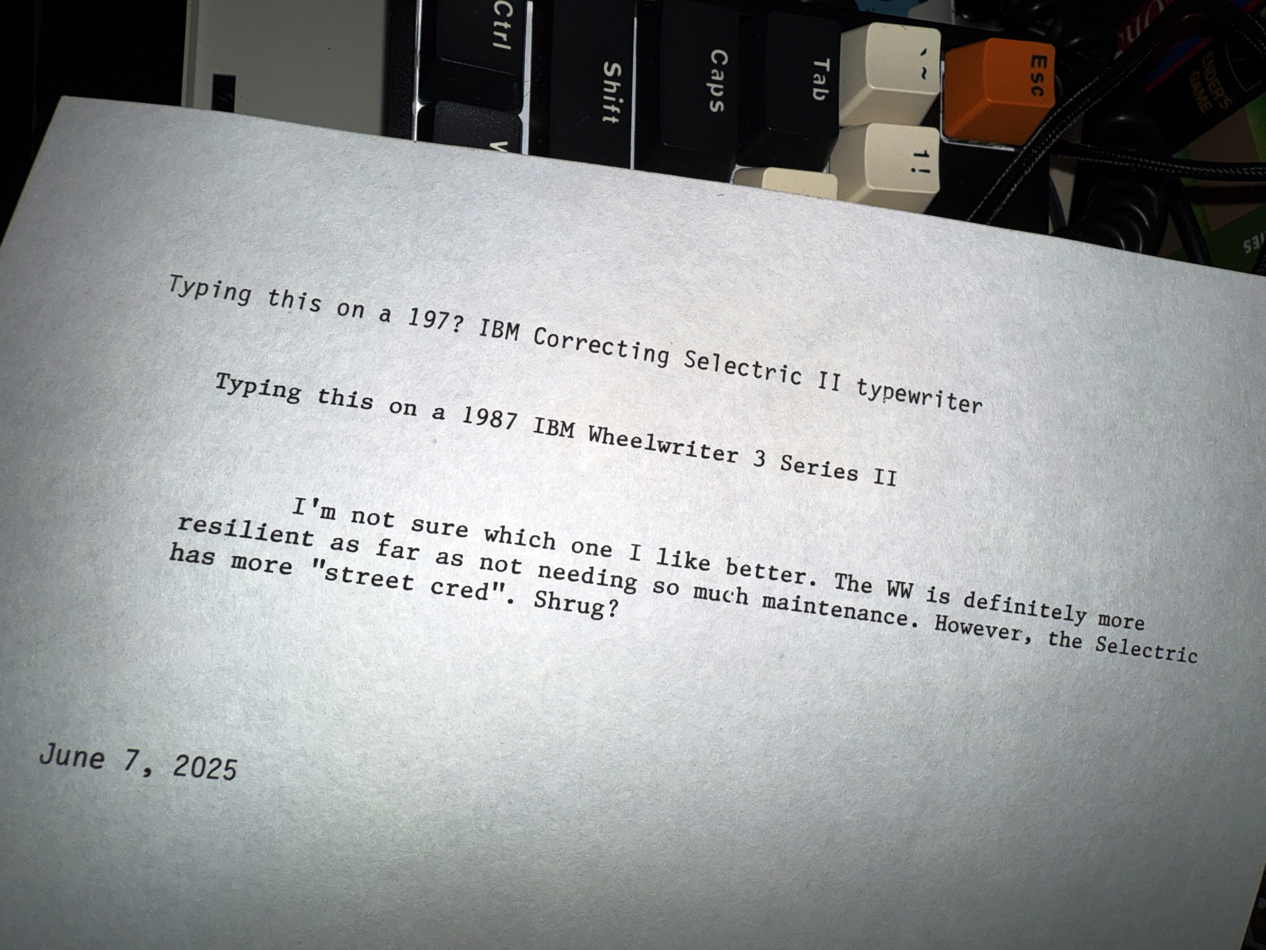 Output sample between the Selectric and Wheelwriter. Top and bottom items typed on the Selectric; middle items typed on the Wheelwriter 3.