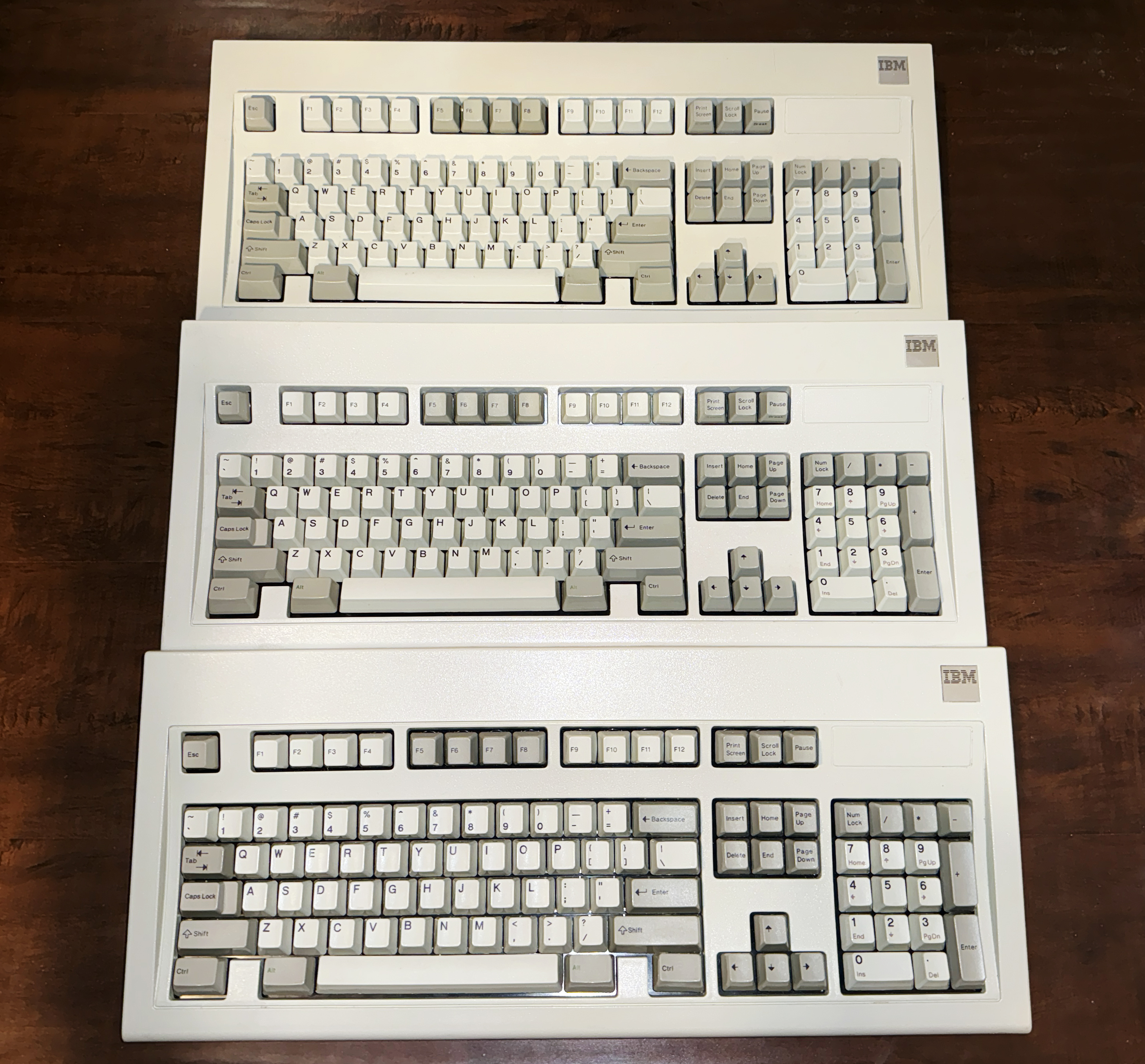 1986 model M keyboards (part numbers 1390120). The top one (May '86) I found in pieces under someone's camper parked in their backyard (with mud and bugs and grass and leaves inside). The middle one (same month/year) was also in not-so-great condition; both of these got extreme cleaning and the ultrasonic treatment. I screw-modded the top one (replaced the internal plastic tenons that hold it together with M2 machine screws).<br /><br />The lower keyboard is from January '86, among the first personal computer-compatible IBM model M keyboards ever made.<br /><br />Although these are not as rare or valuable as IBM's 1390131 model Ms, I like these better. They're heavy, solid, and I don't need the LED &quot;lock&quot; indicators. The January '86 types and feels the best, and is the heaviest model M I own. All three have their original controllers with squarish &quot;crystal&quot; oscillators and gold toned &quot;rainbow&quot; steel backplates.<br /><br />.