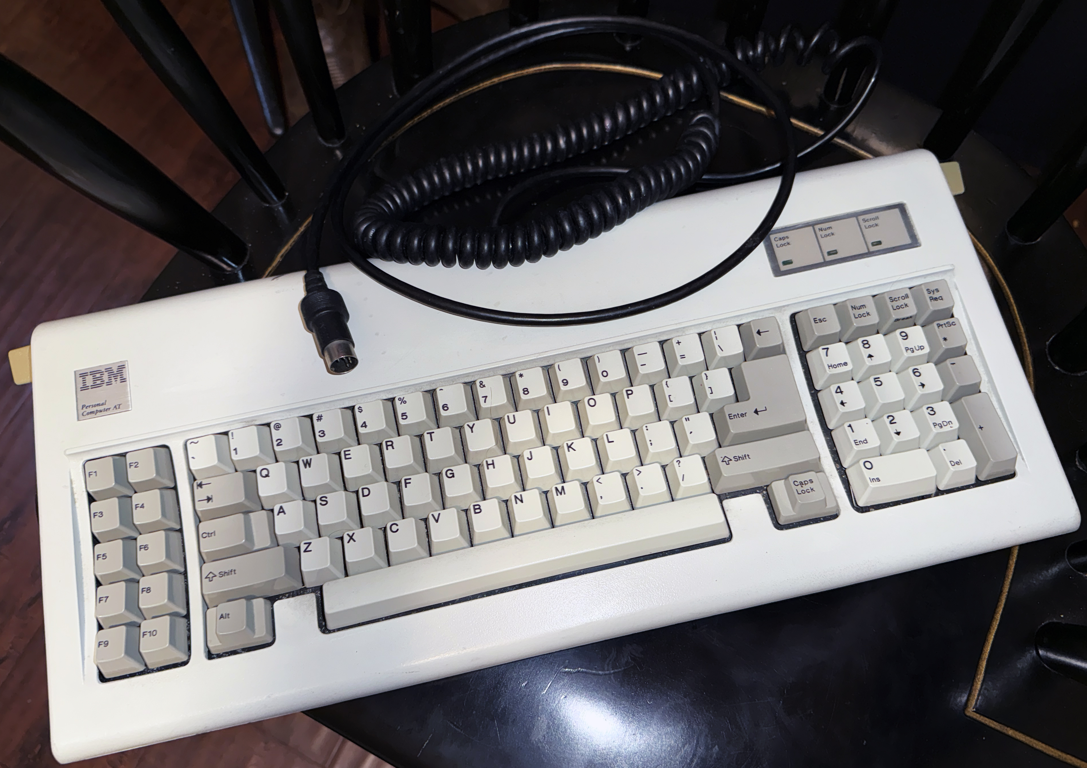 1984 model F (PC/AT). Great condition, works, but I prefer the layout and feel of the 1981 and 1982 boards. This is the heaviest computer keyboard I own, weighing in at 6.2 lbs (2,800 grams).<br /><br />.