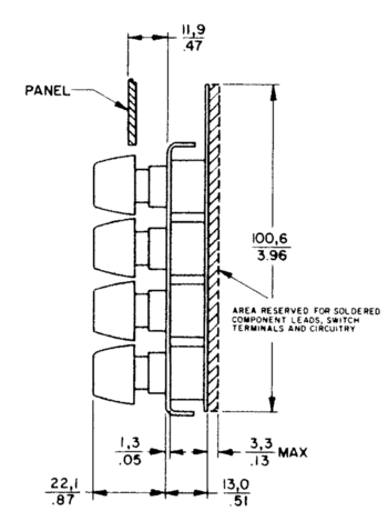 16SD3-5 Hall Effect Keypad schematic, side view, keytops